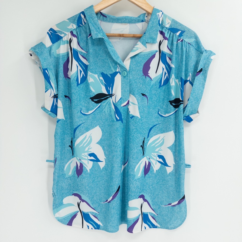 Vintage 70s Blouse Women L Blue Floral Print Retro Boho Disco Stretchy Mod